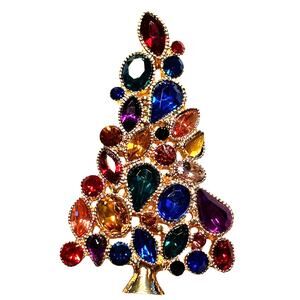 Christmas tree brooch mod multicolor rhinestones on goldtone pin festive pendant